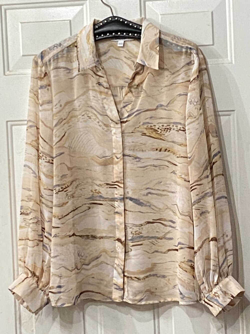 Chico's Sz 2 (L) Sheer Blouse Shirt Long Sleeve Ivory/Tan/Blue Abstract